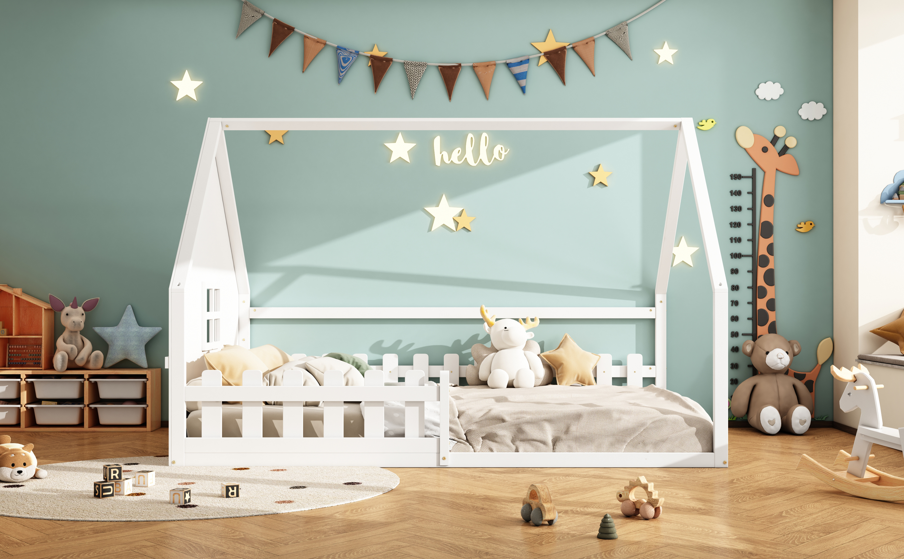 Lit enfant maison de rêve en pin et MDF, design maison miniature, pour chambre d'enfant, stimule imagination, construction stable, style naturel moderne, sécurité et amusement, espace de jeu unique - image 11