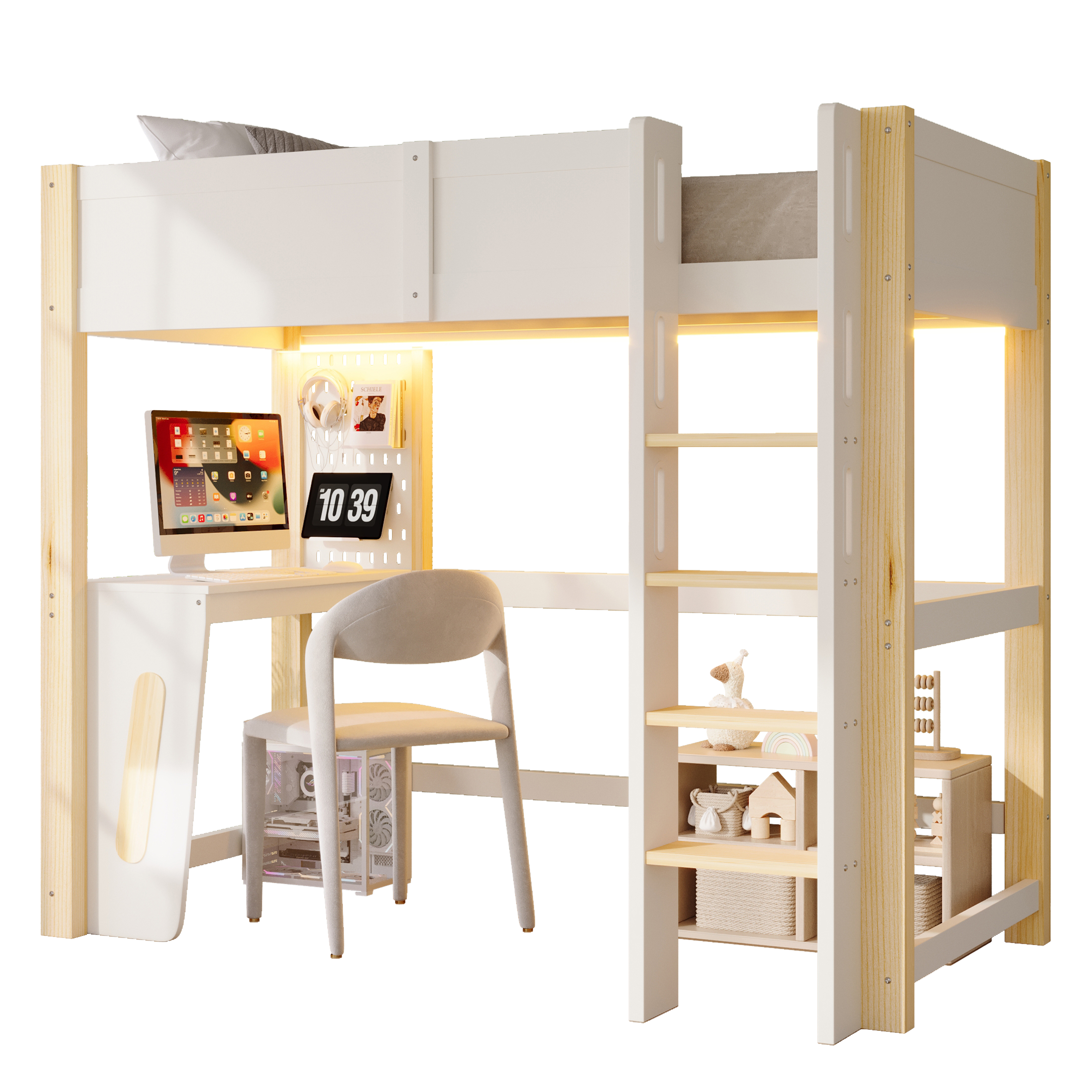 Lit mezzanine 90 x 200 cm avec bureau, LED, MDF et pin, Bois naturel - fonctions