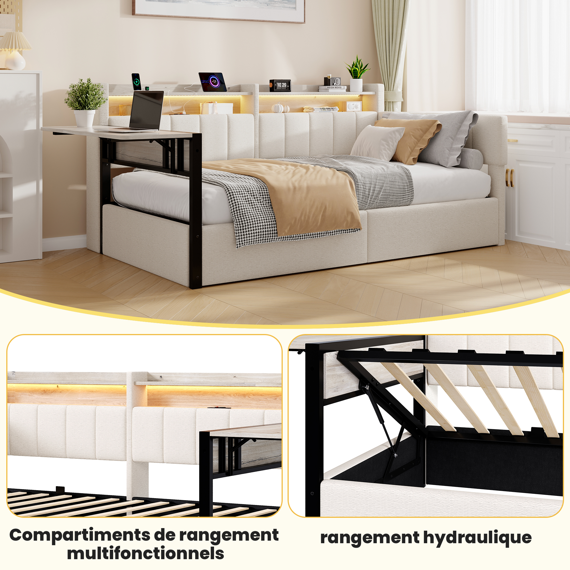 Lit banquette coffre – Bande LED et prise USB