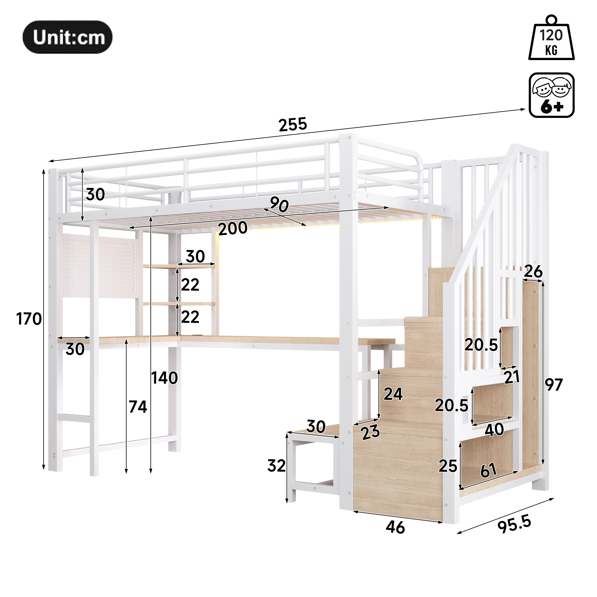 Dimensions lit mezzanine blanc 90x200 cm