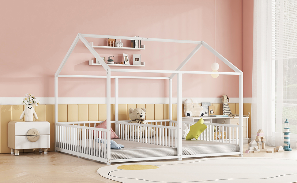 Lit jumeaux enfant en fer 2×90×200 cm en forme de maison, barrières sécurité, pour famille avec 2 enfants, design créatif, indépendance de couchage, stabilité, sécurité, style ludique, décoration - image 18