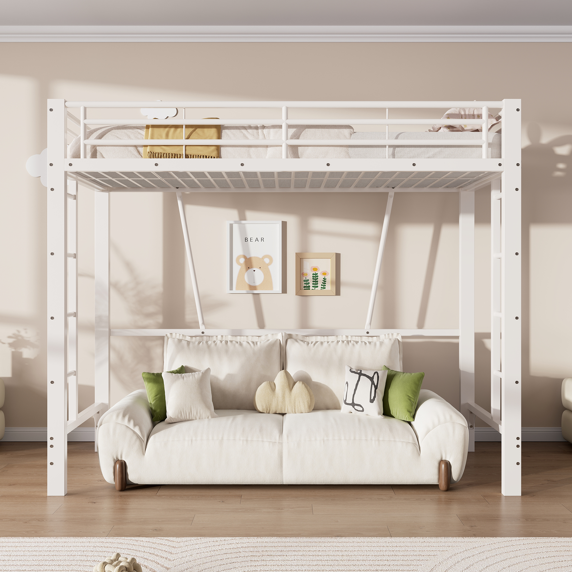 Lit mezzanine en métal 90 x 200 cm avec double échelle, rangements, espace inférieur ouvert et barrières de sécurité, Blanc, sans matelas