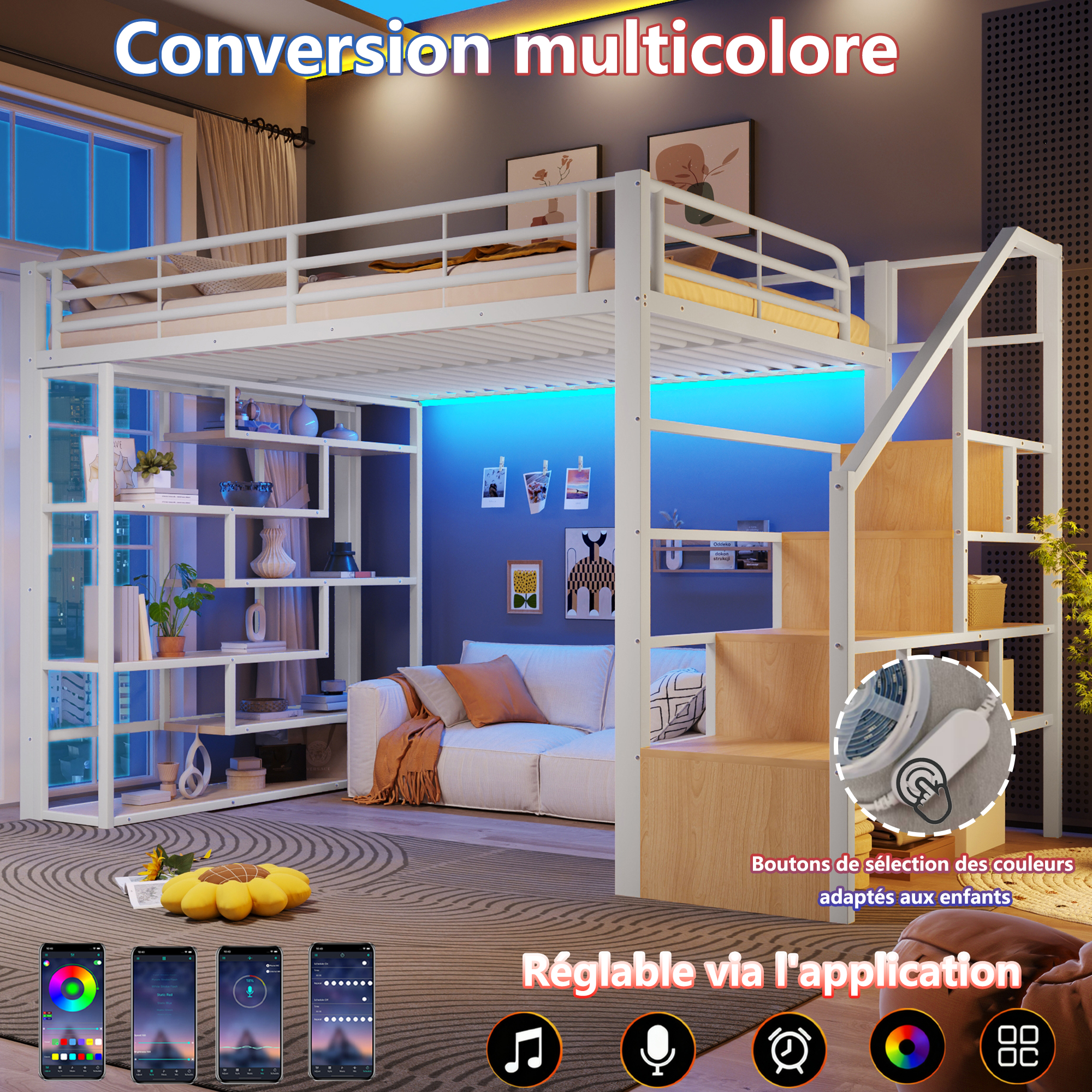 Lit mezzanine 140 x 200 cm, escalier, éclairage LED sous le couchage, garde-corps, rangements intégrés, métal et MDF, blanc, 252 x 145 x 170 cm - spécifications 1