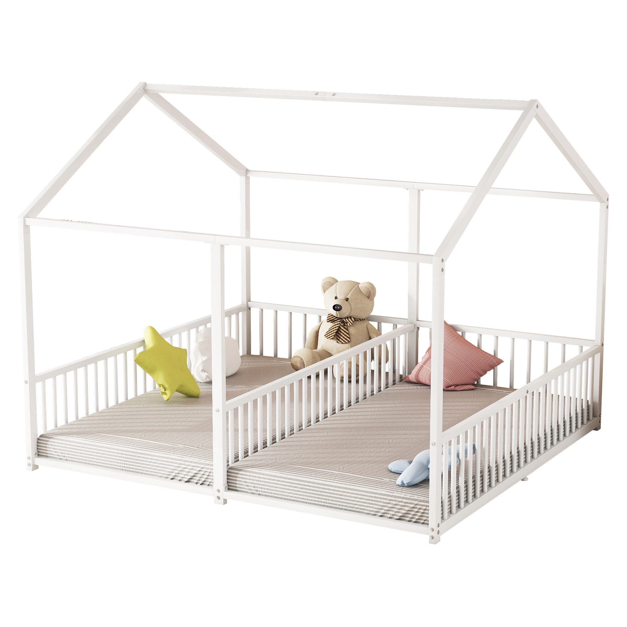Lit jumeaux enfant en fer 2×90×200 cm en forme de maison, barrières sécurité, pour famille avec 2 enfants, design créatif, indépendance de couchage, stabilité, sécurité, style ludique, décoration - image 6