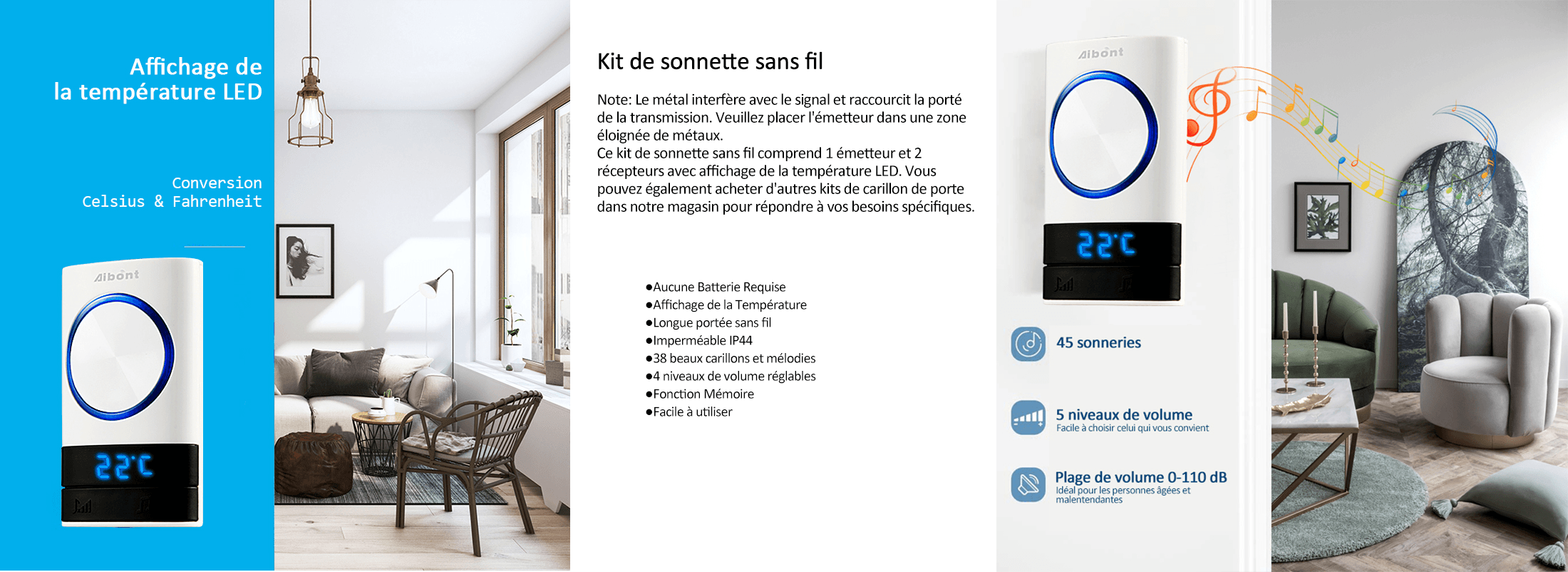 MAGICFOX Sonnette Sans Fil Exterieur Étanche - 2 Récepteurs, Carillon Sans Fil - Affichage Température, Portée De 150M, 45 Mélodies -Dagrand Magasin AAHKMJXYDAFdJAOAIMEbOAch8q5HRpCzgORZx5v8 UNjrgA5HeuFZlCC JUvXQ2bxBQilZmmp7XZdPJIwZdEoBpBK5bwl lV5pkbHMMApNcg==