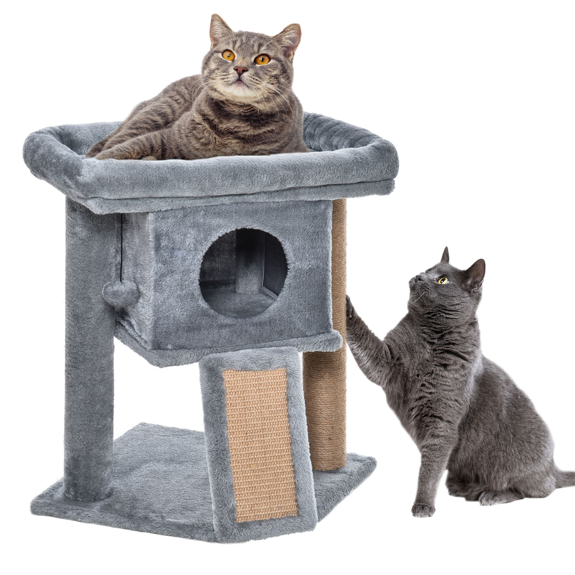 Arbre à chat hauteur de 57 cm avec griffoir en jute, niche, plateforme et balle de jeu, en tissu peluche gris clair