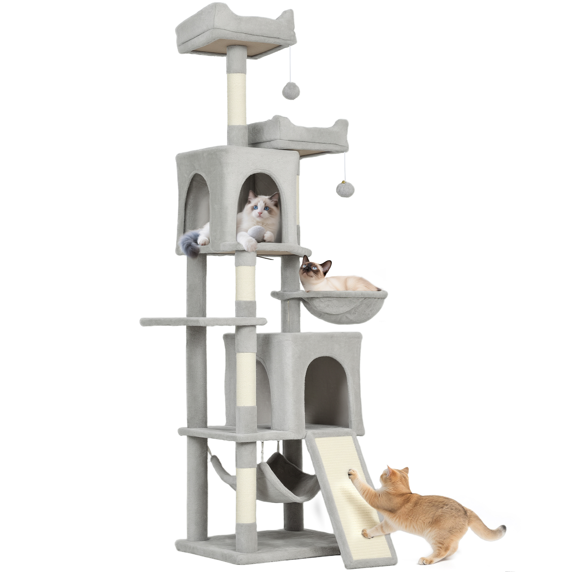 Arbre à chat tour de jeux pour chat 3 platesformes 2 niches 2 lits 2 hamacs 1 échelle hauteur 177 cm gris clair