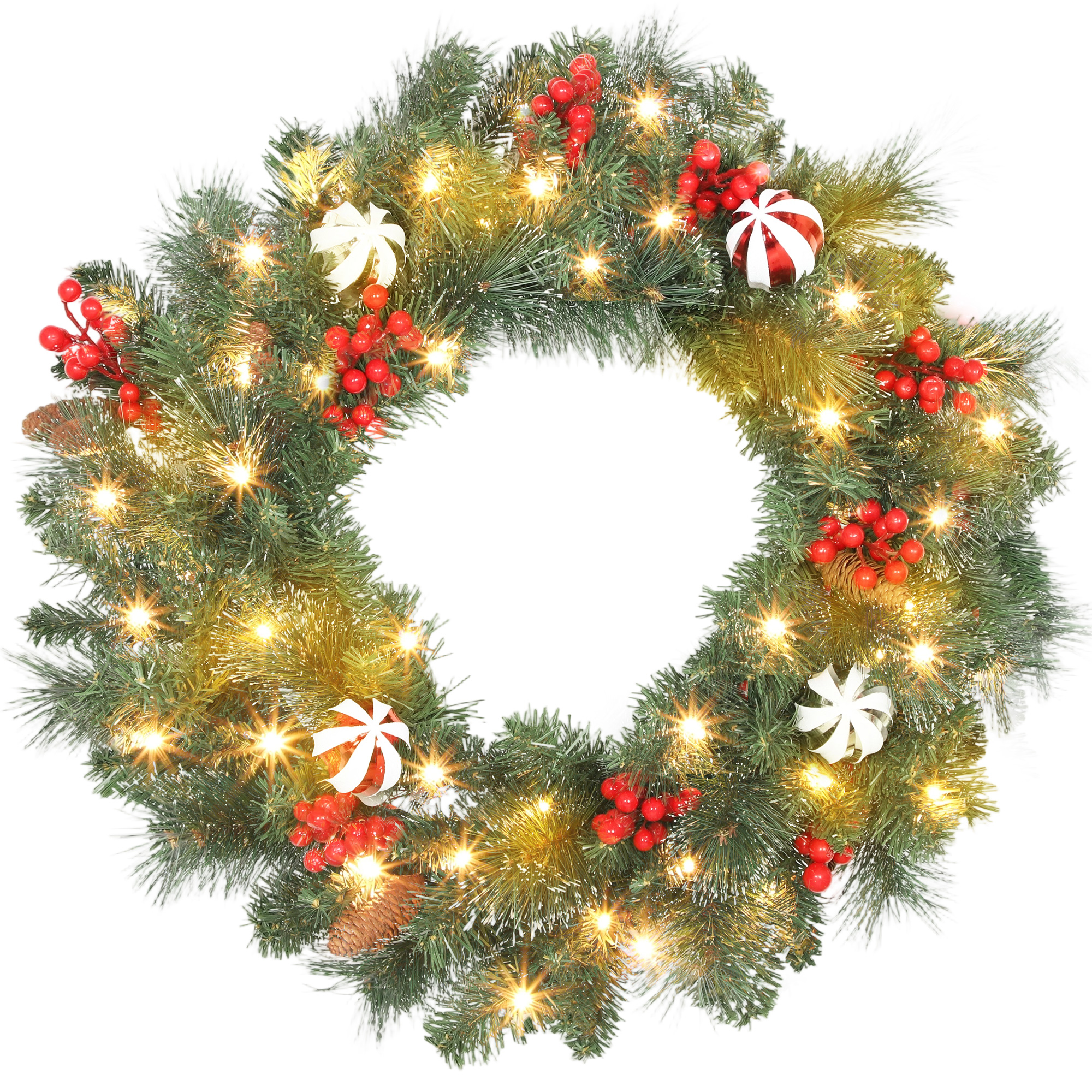 Couronne de Noël Lumineuse 60 cm avec 50 LED Blanc Chaud, Minuterie, 146 Pointes, Pommes de Pin, Baies et Boules Décoratives, Vert