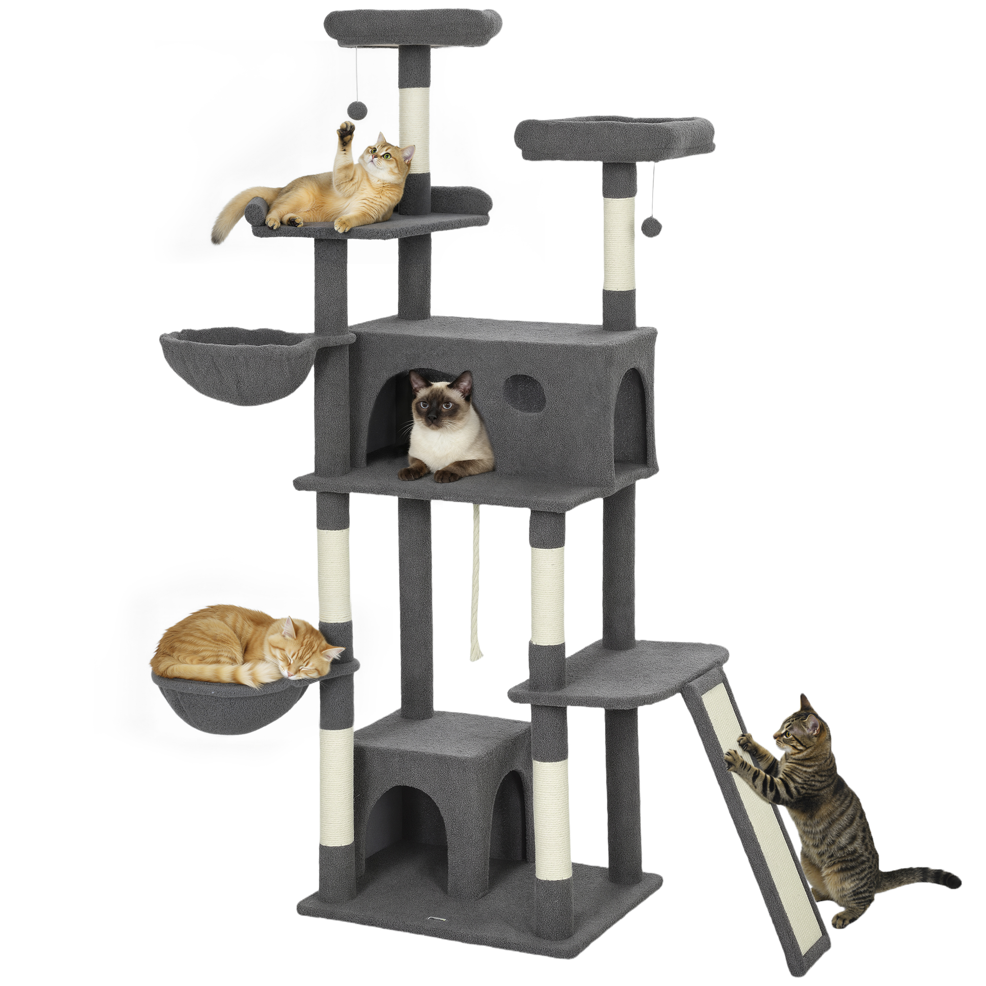 Arbre à chat tour de jeux pour chat avec griffoir 3 lits 2 niches plateformes et 3 jouets suspendus hauteur 174 cm gris