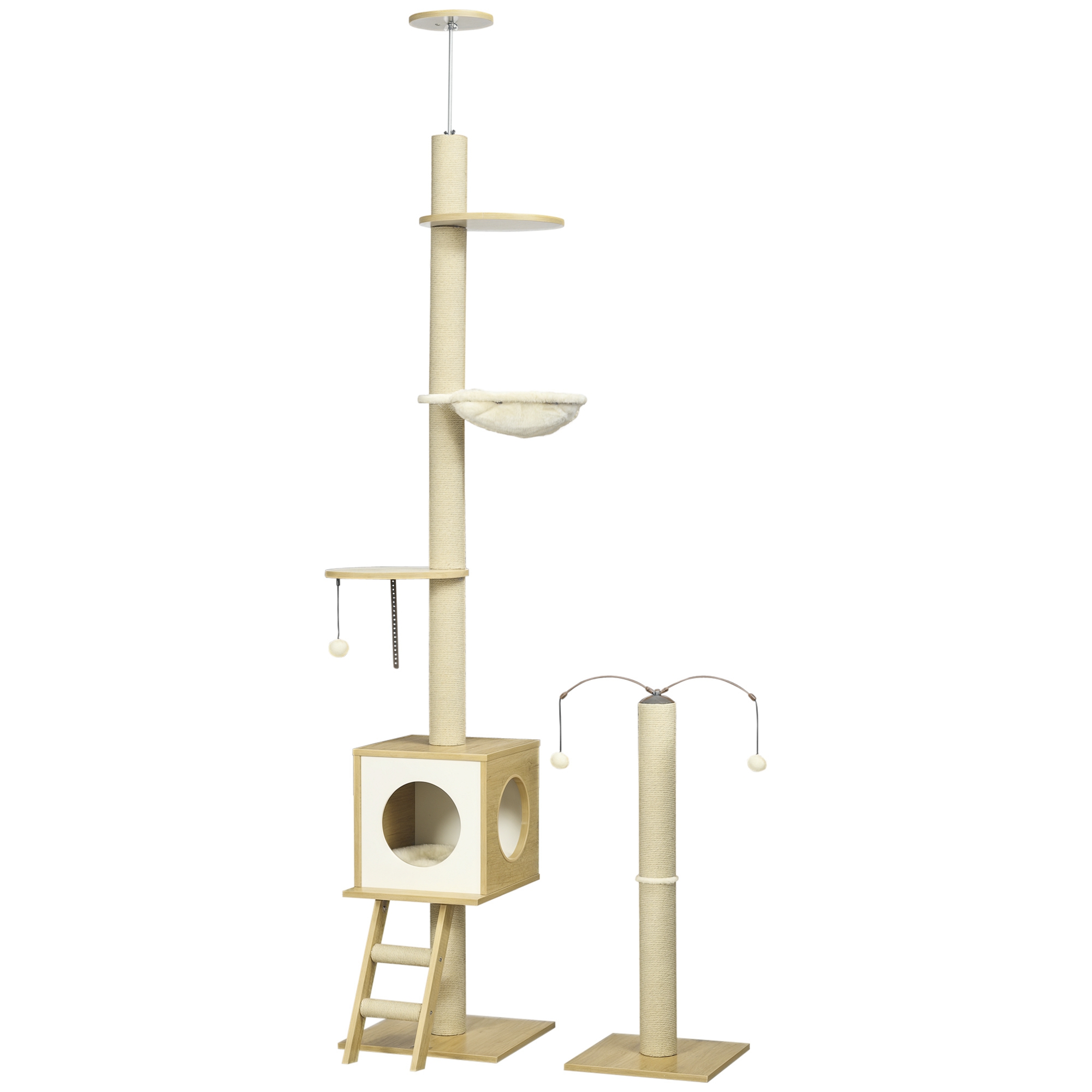 Arbre à chat sol au plafond hauteur réglable 225-285 cm avec poteau à gratter 4 niveaux niche hamac échelle jeux beige