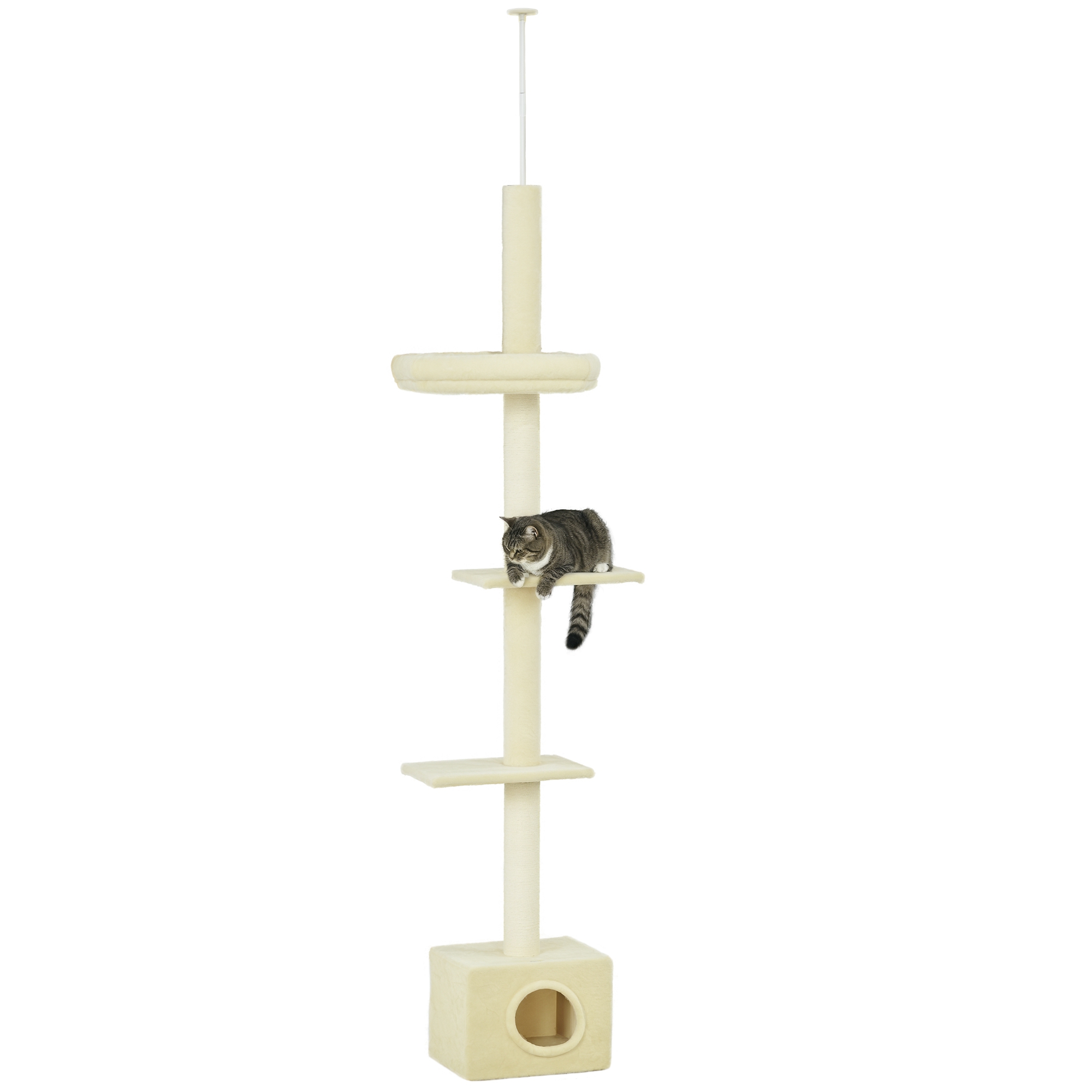 Arbre à chats poteau à griffer hauteur réglable dim. 440L x 31P x 240 - 270H cm 4 niveaux d'activités avec niche