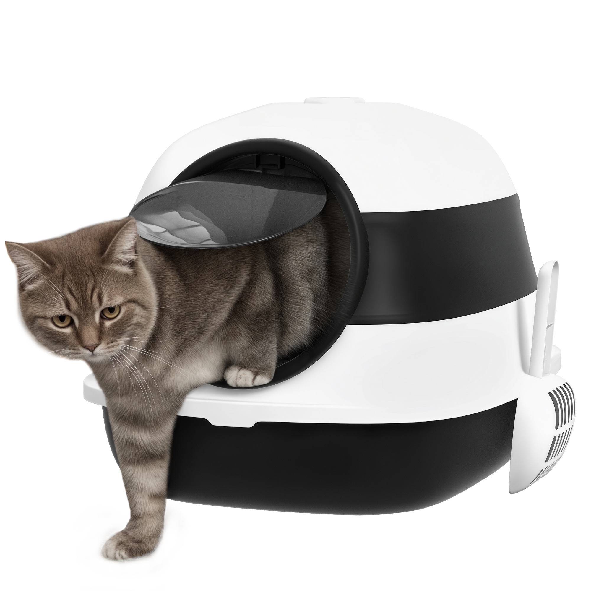 bac à litière pour chat pliable porte battante lucarne + pelle fournis noir blanc