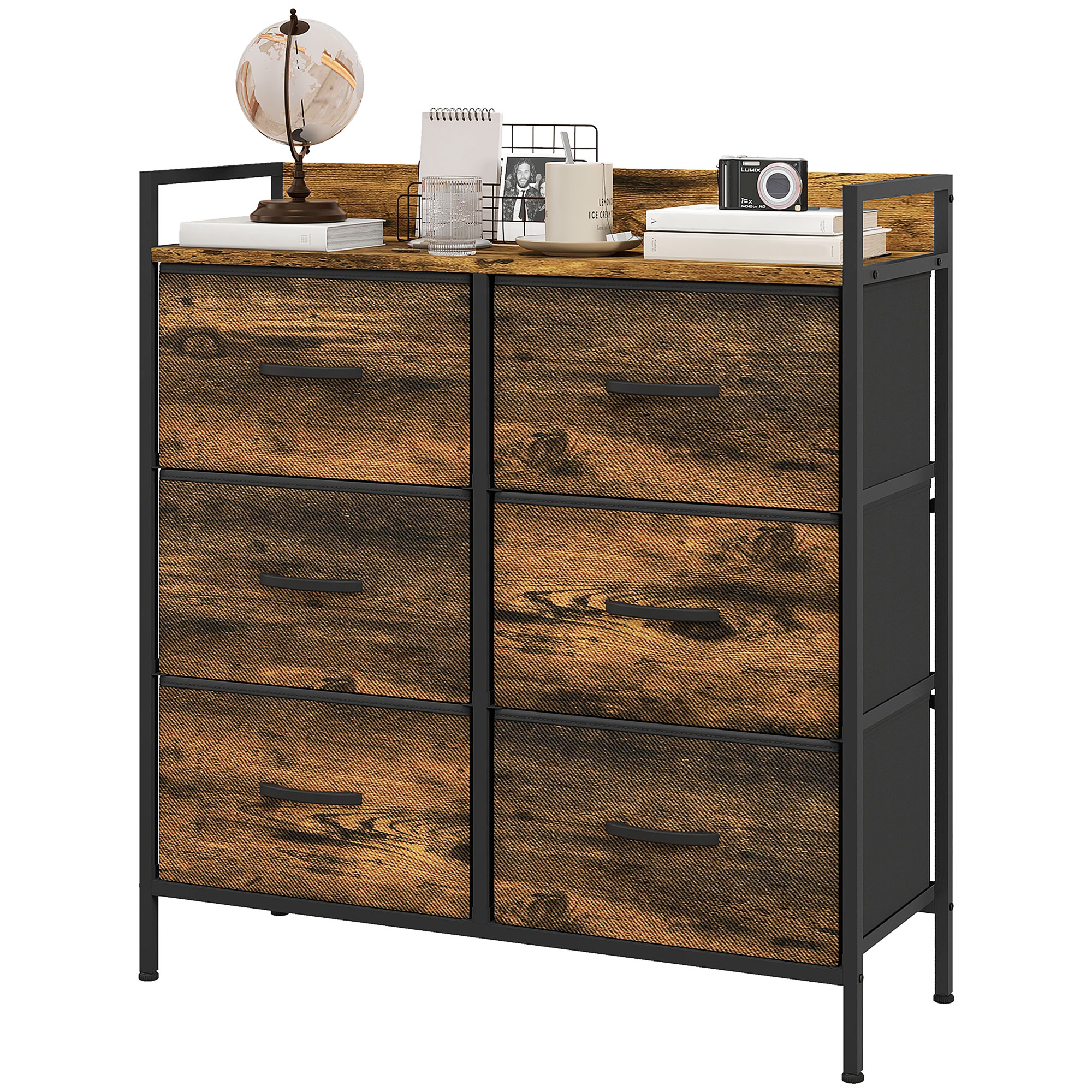 Commode 6 tiroirs tissu rustique brun vue d'ensemble