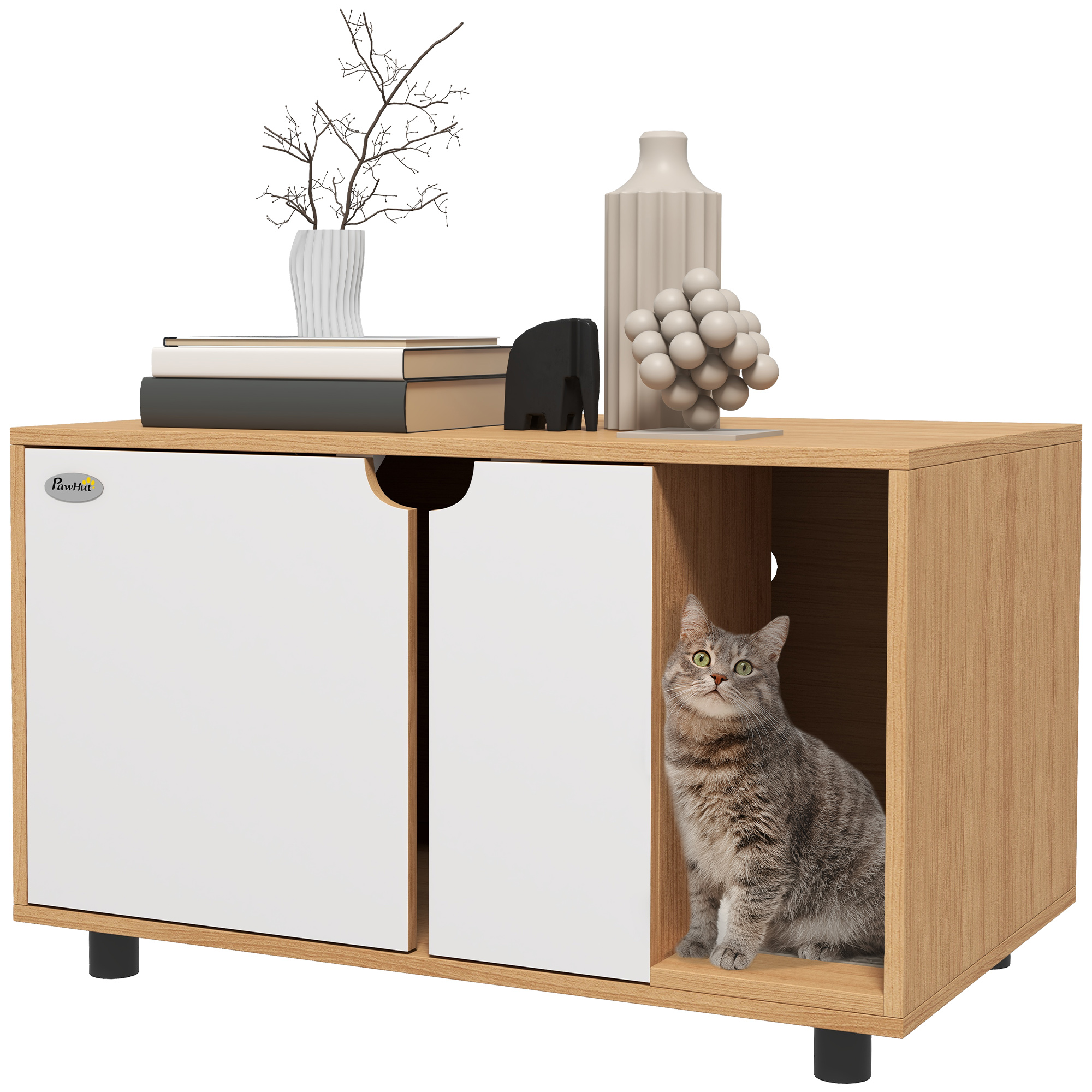 Meuble à litière maison de toilette sur pieds pour chat 2 en 1 portes style scandinave 80 x 48 x 48 cm naturel et blanc