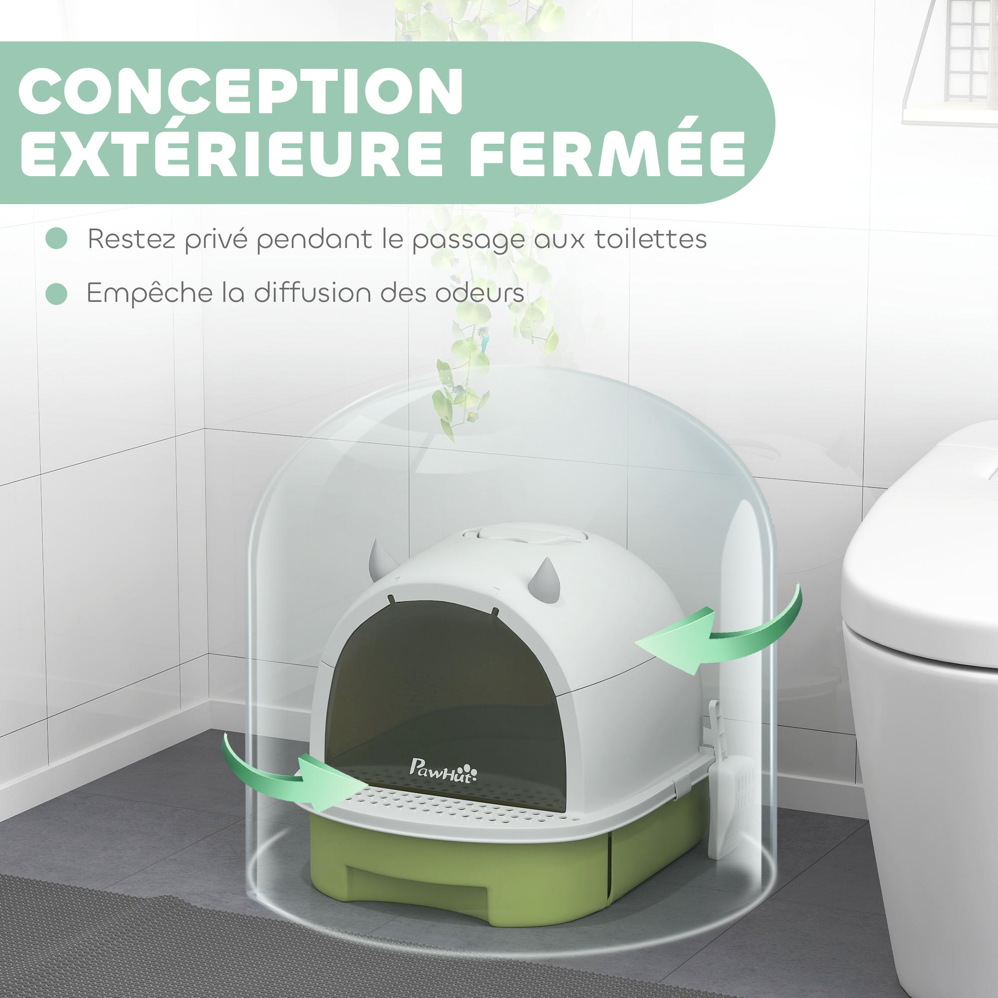 Litière pour chat fermée avec porte translucide