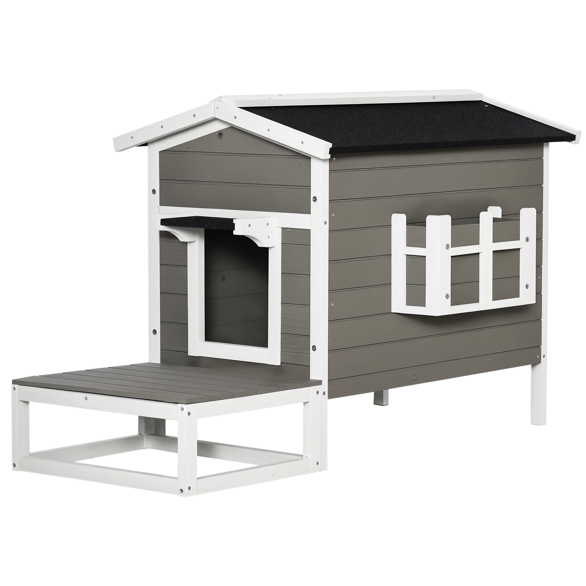 Maisonnette pour chats niche extérieure surélevé avec terrasse étanche en bois, dim. 115L x 66,5P x 74,7H cm, gris