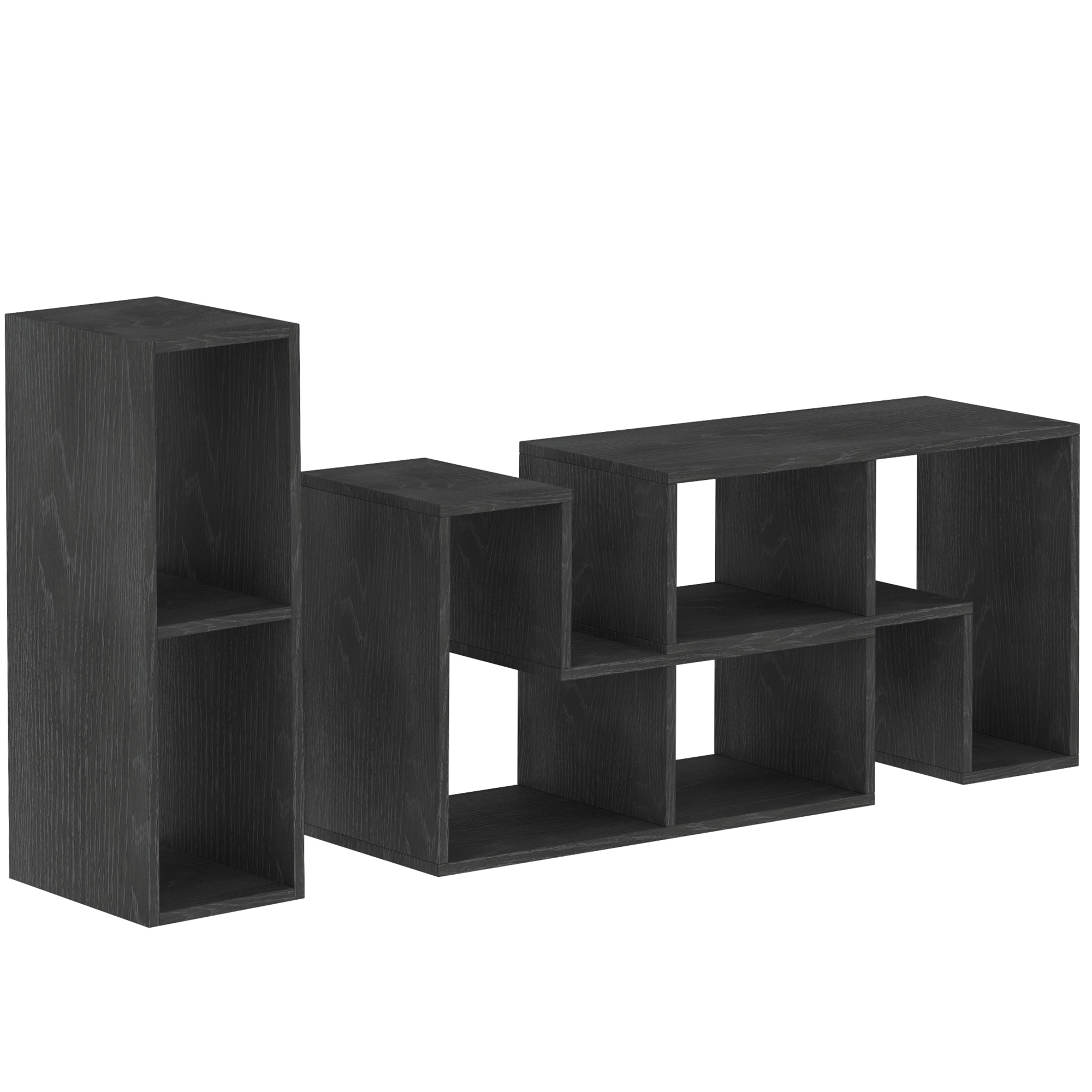 Mueble de TV modular, 3 bloques, efecto madera negra, vista general