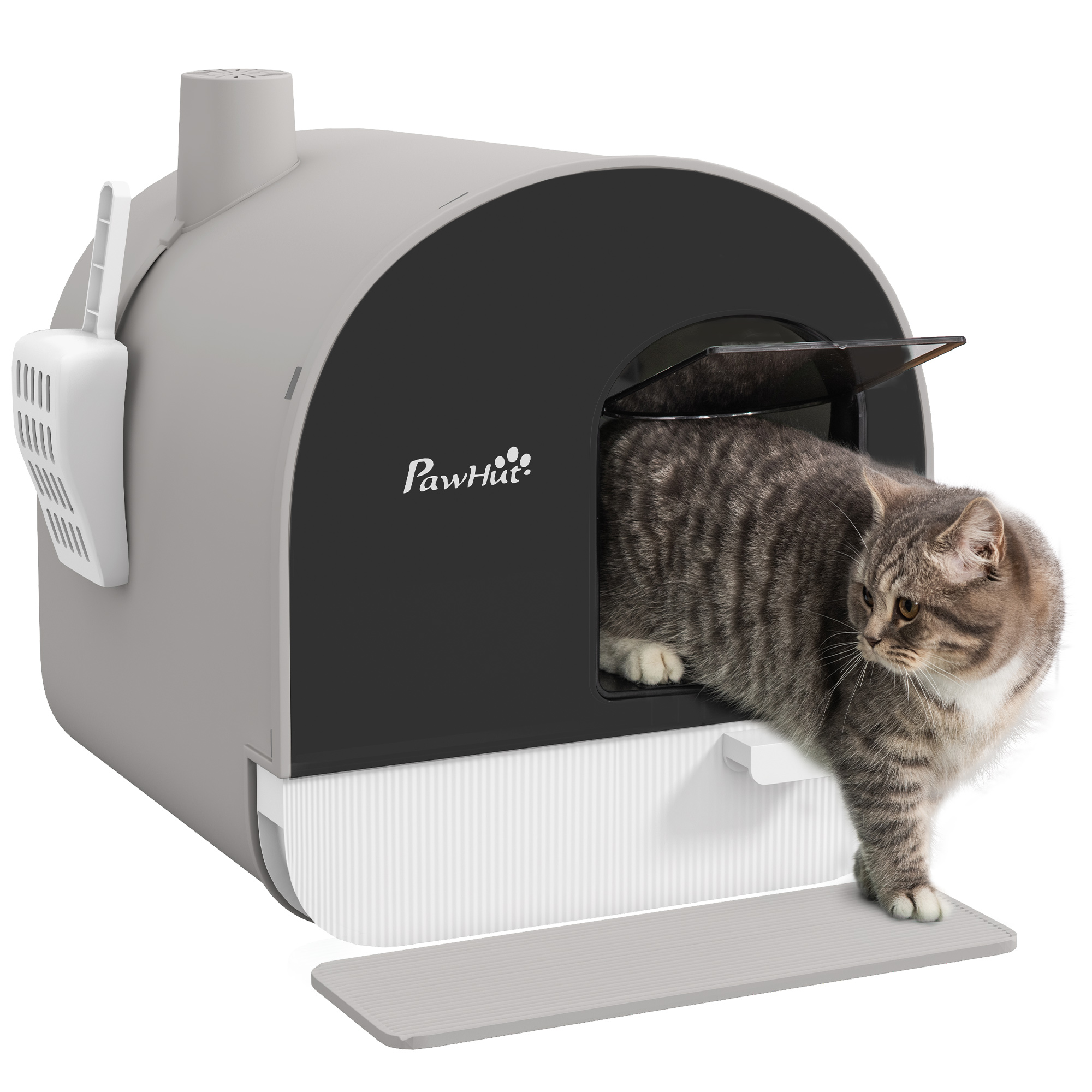 Bac à litière pour chat avec porte battante pelle et filtre inclus dim. 43L x 44l x 47H cm gris