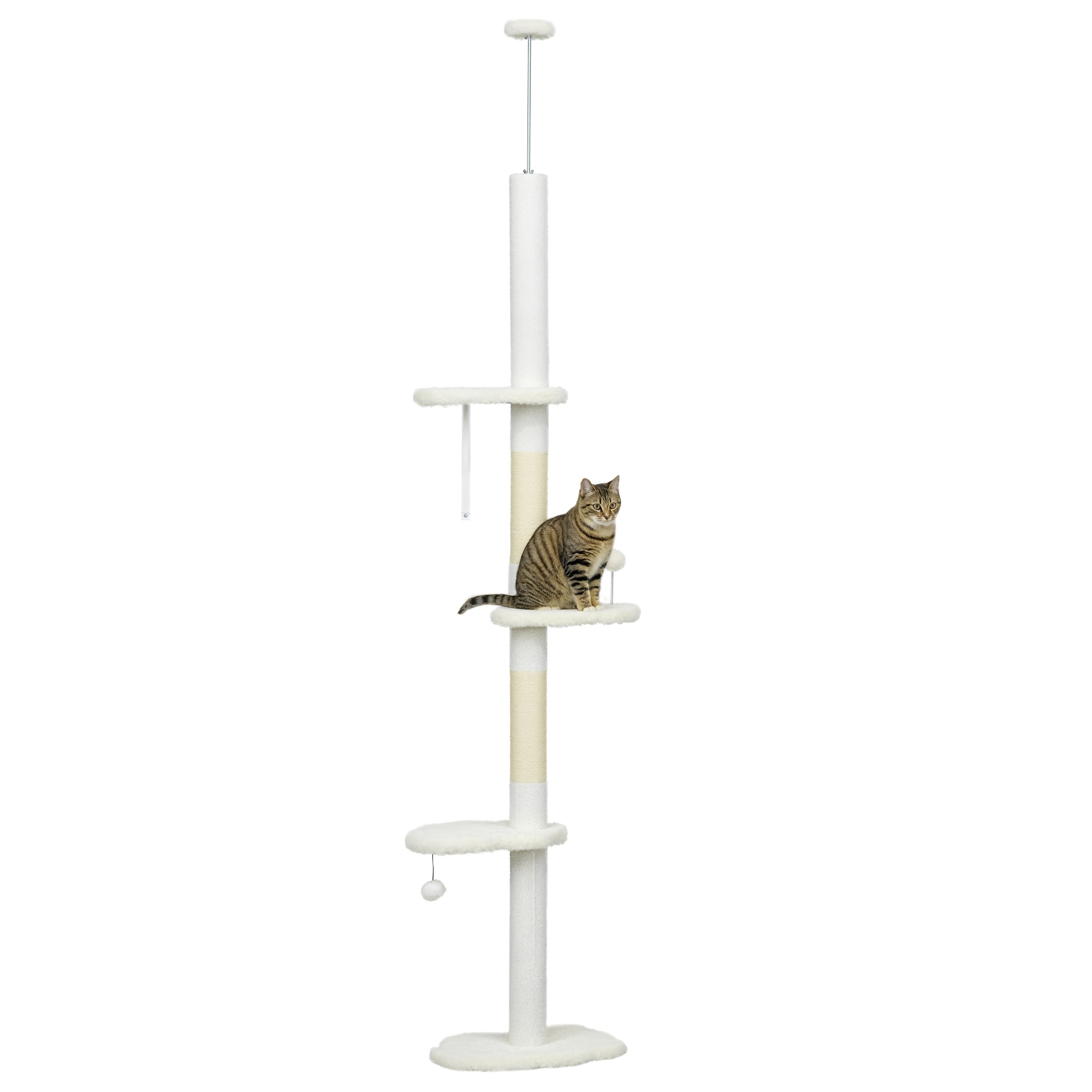 Arbre à chat 225-255 cm réglable en hauteur Tour pour chat 3 griffoirs et 2 balles 48x32x225-255 cm blanc