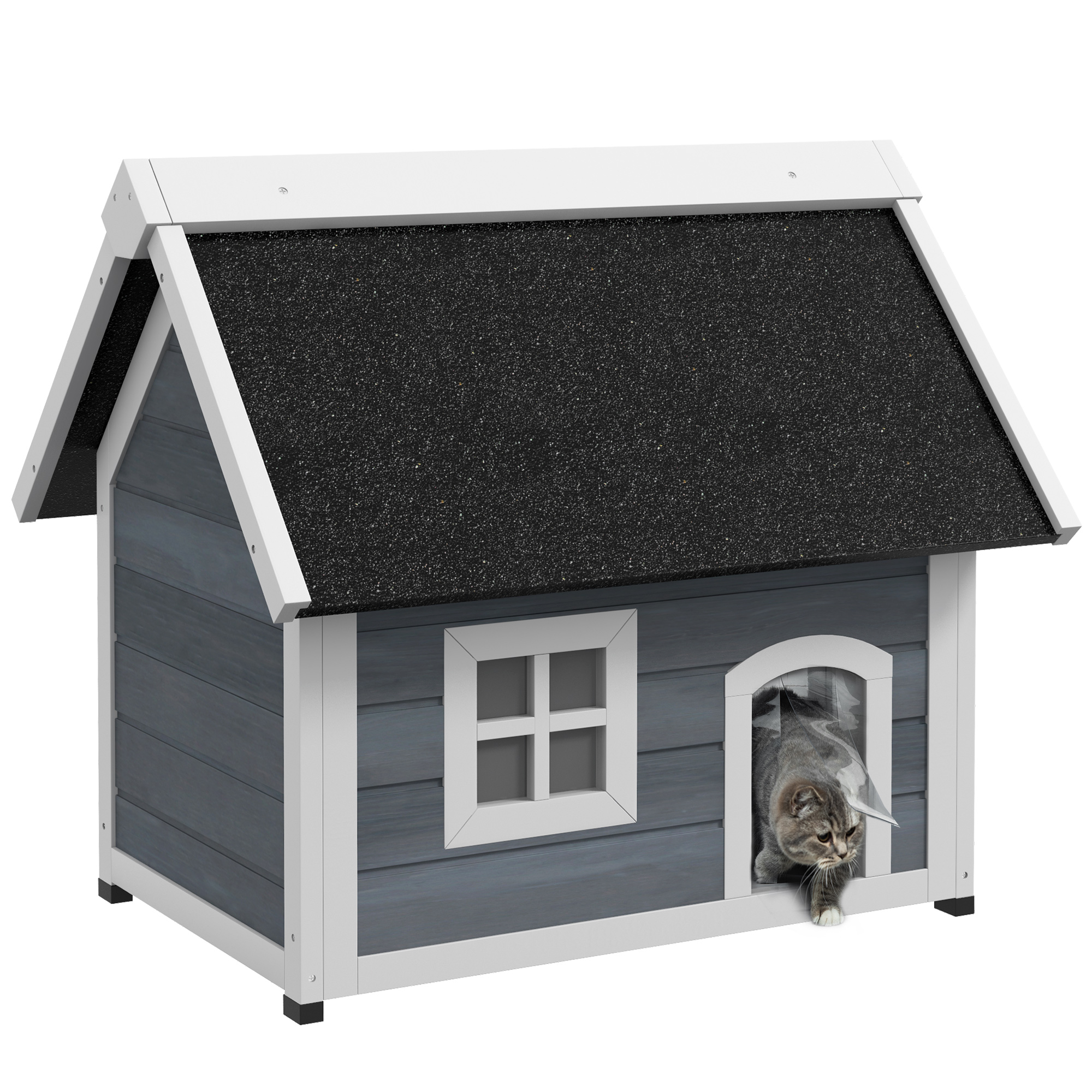 Maison pour chat en bois porte à lamelles fenêtre en plexiglas toit bitumé ouvrable 77 x 57,5 x 68 cm gris