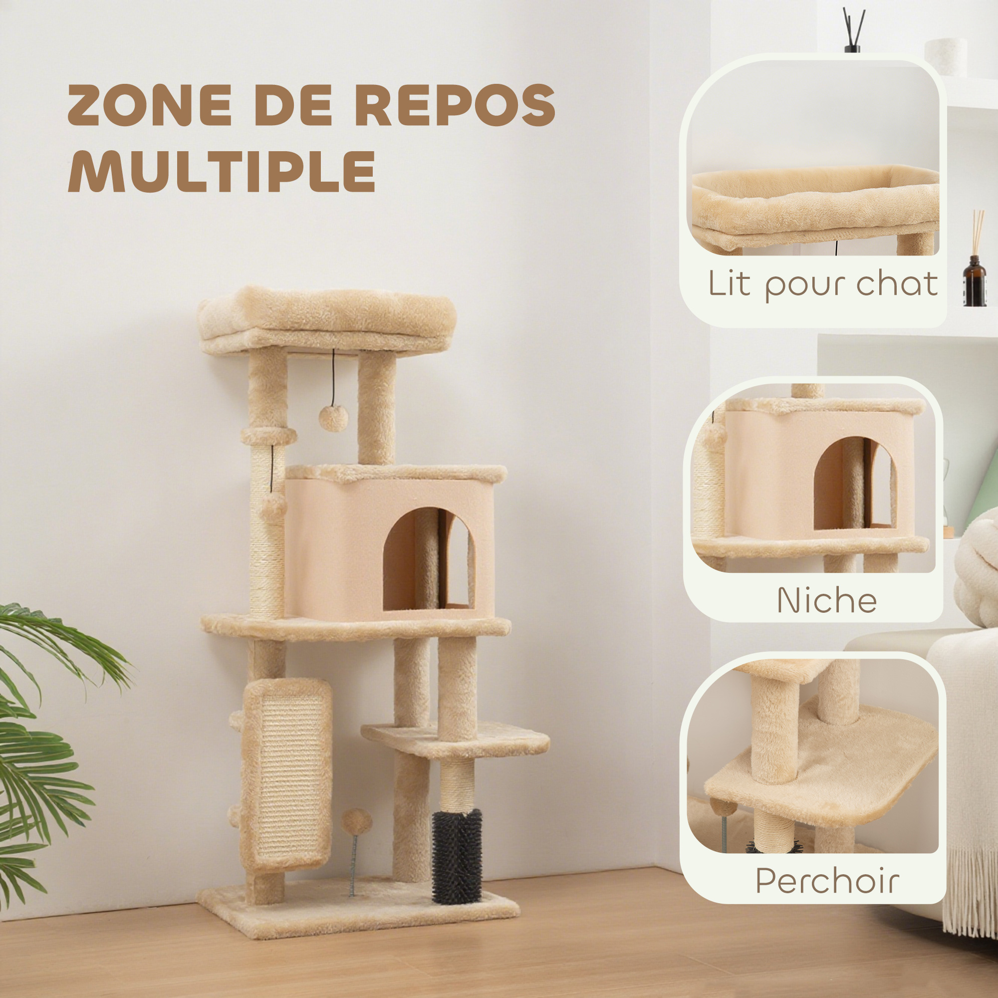 Arbre à chat complet avec lit et maisonnette en peluche