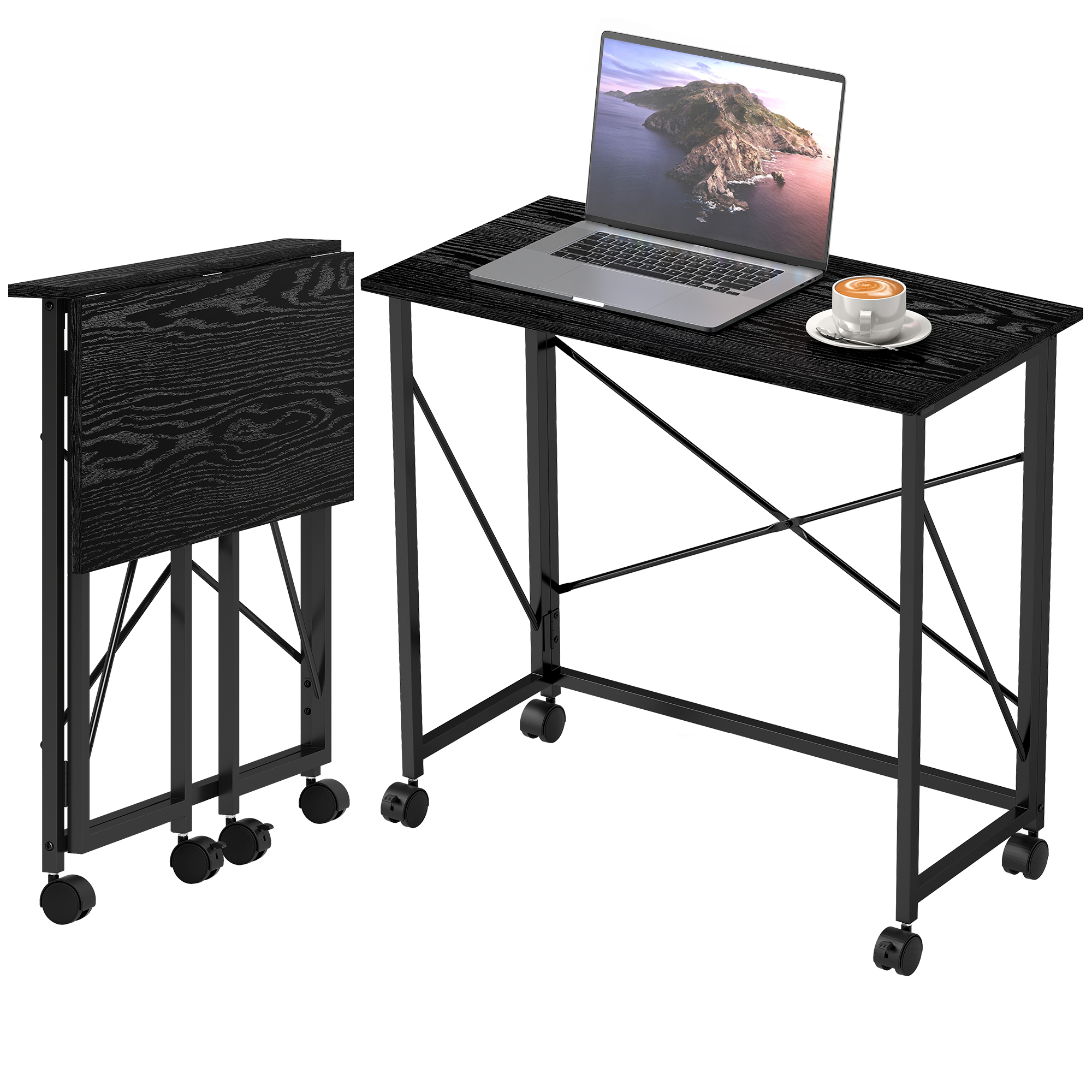 Bureau pliant 80cm noir sur roulettes vue d'ensemble