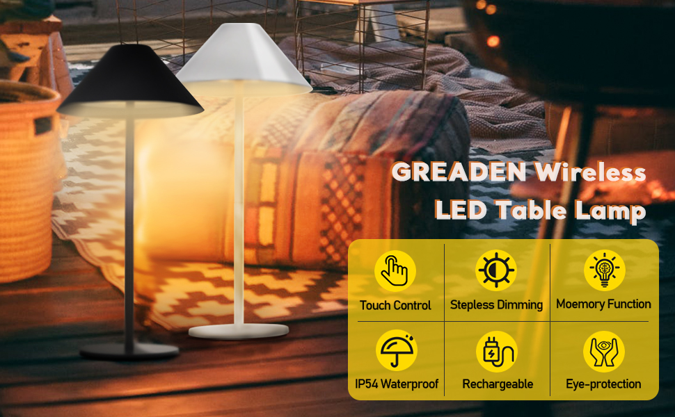 Lámpara De Mesa LED Táctil Inalámbrica Regulable 4000mAh 3000k Recargable IP54 Impermeable USB, Lámpara De Noche Iluminación Interior Y Exterior (negro) -Trio Ventas