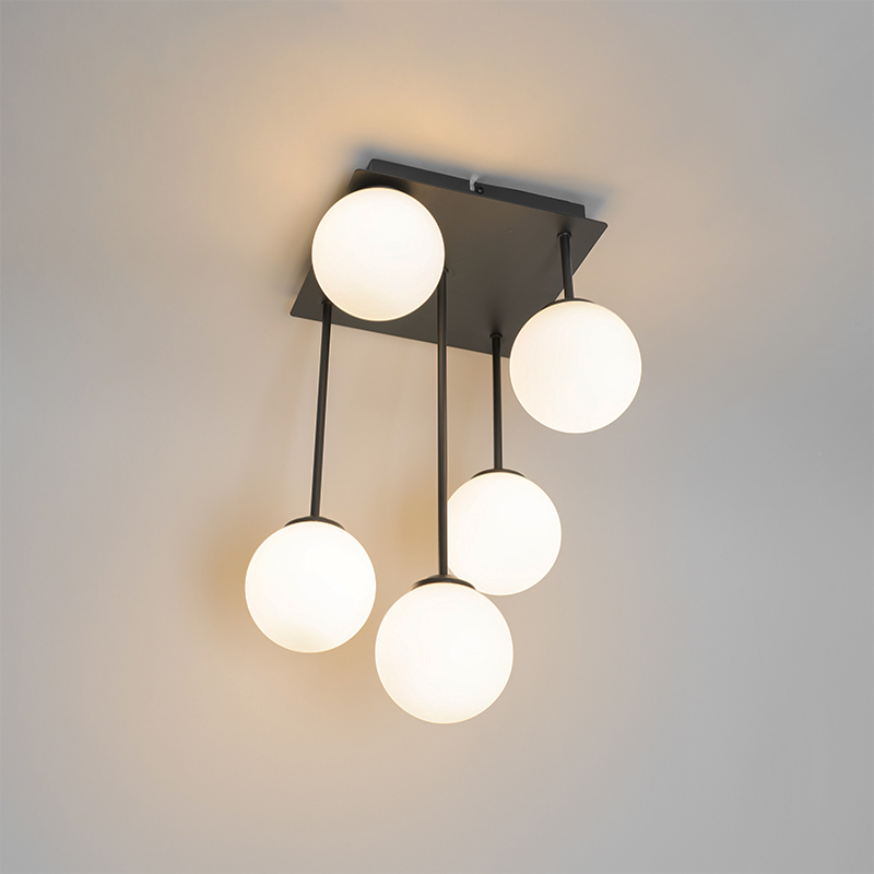 Plafón moderno negro con cristal opal 5 luces - Athens