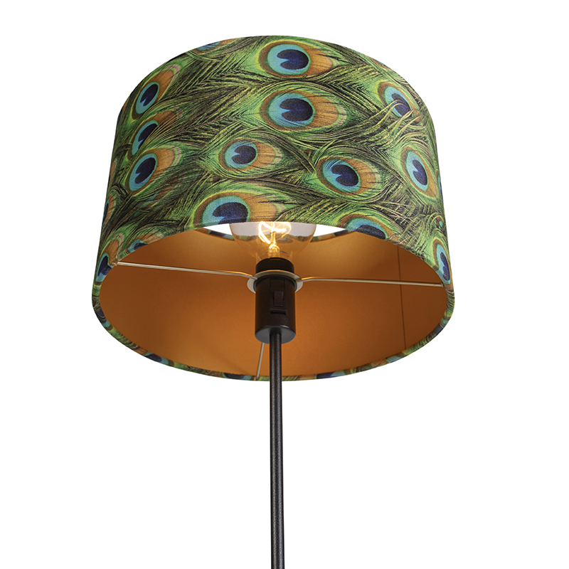 Lampadaire noir avec abat-jour en velours paon avec or 35 cm - Parte
