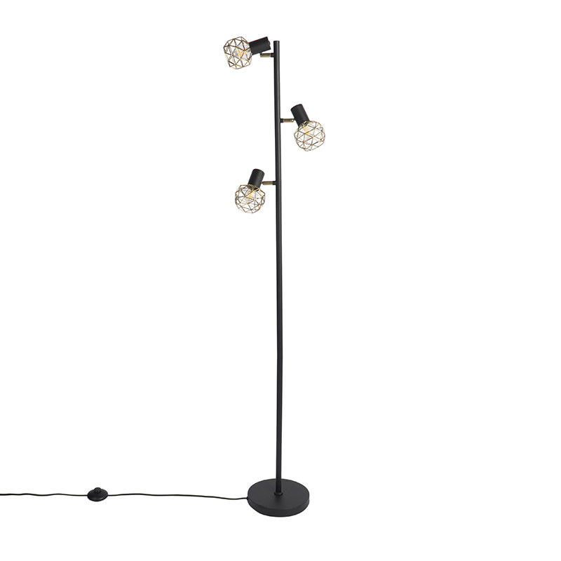 Lampada da terra di design nera con oro 3 luci orientabili - Mesh