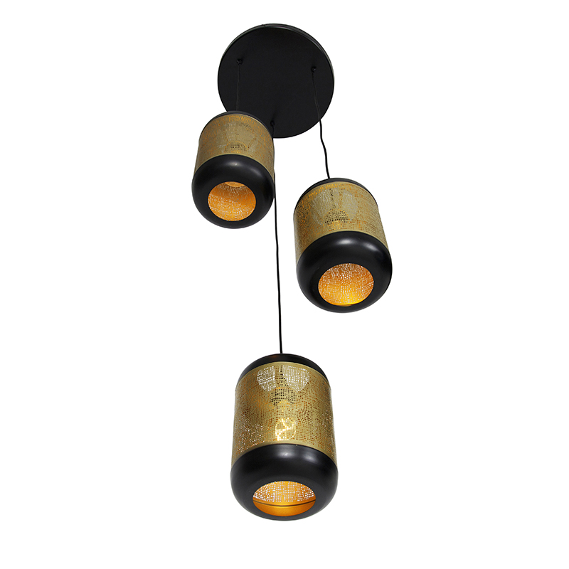 Lámpara colgante vintage negra con latón redonda 3 luces - Kayleigh
