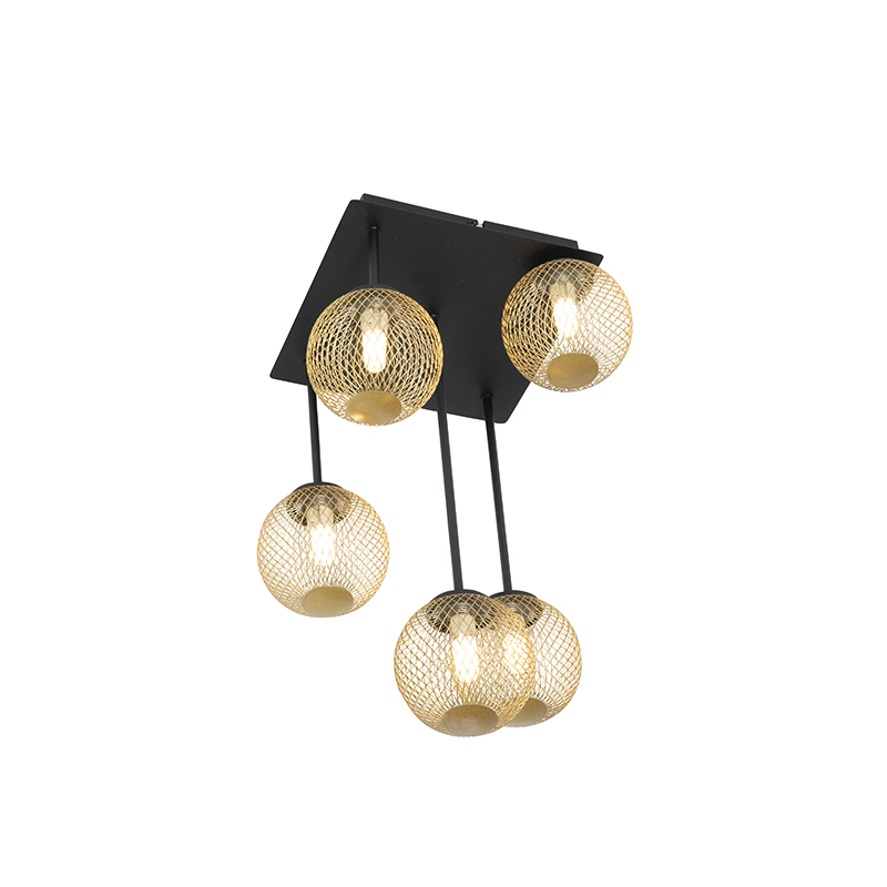 Moderne Deckenleuchte schwarz mit goldenen 5 Lichtern - Athens Wire