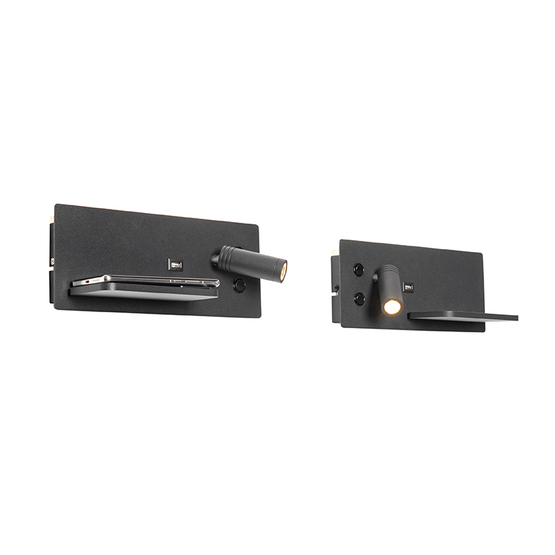Set di 2 lampade da parete nere con LED, USB e caricabatterie a induzione - Riza