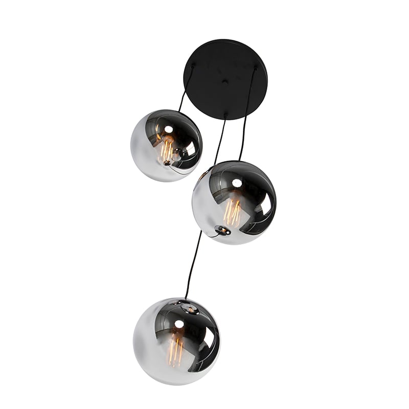 Lampada a sospensione Art Déco nera con vetro fumé 3 luci - Pallon
