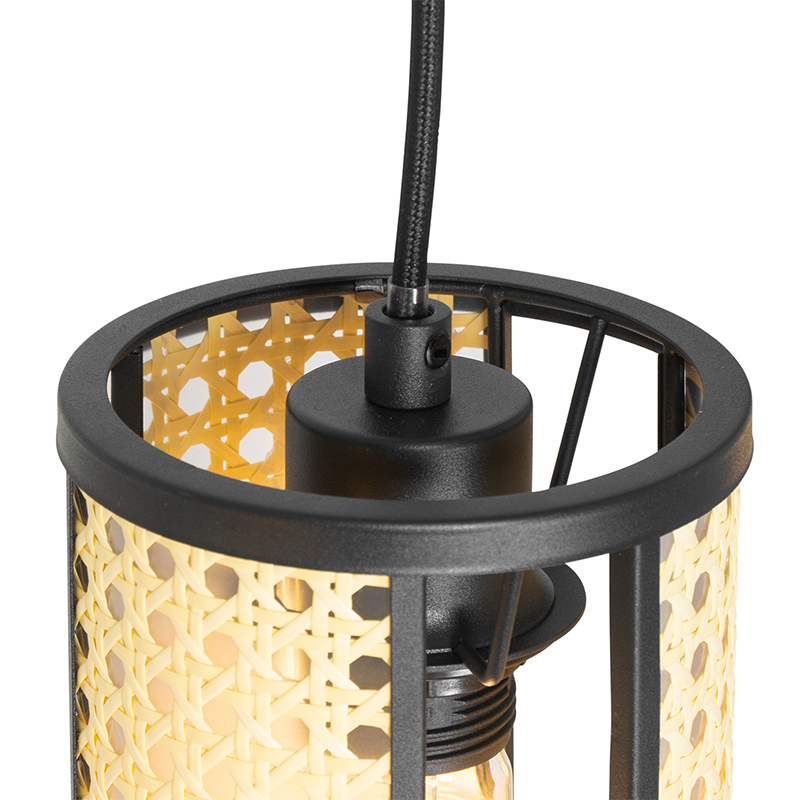 Lámpara colgante oriental negra con ratán 3-luces alargada - Akira