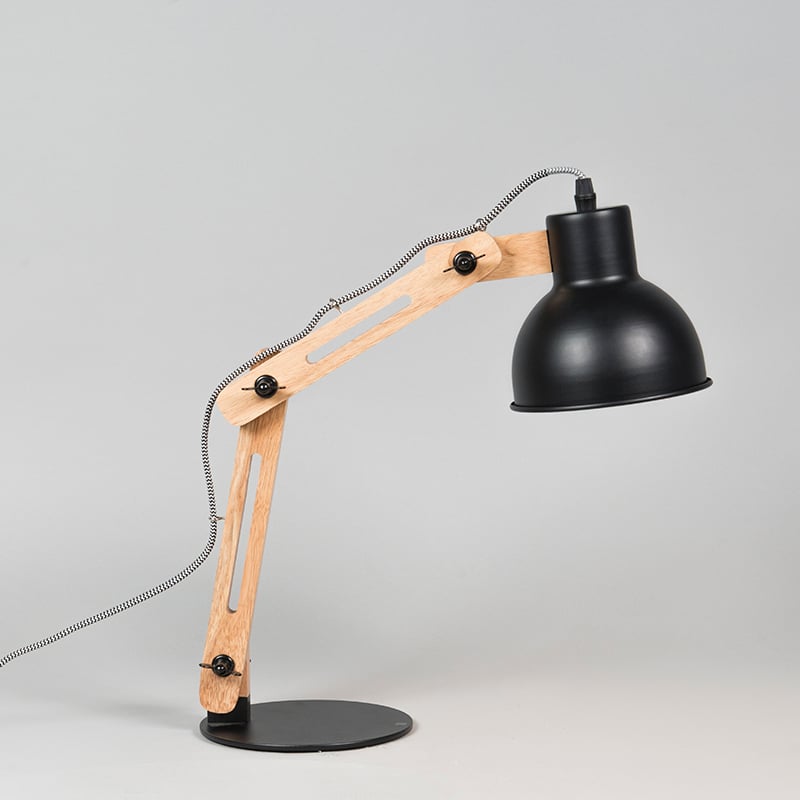 Lámpara de mesa industrial negra madera - WOODI