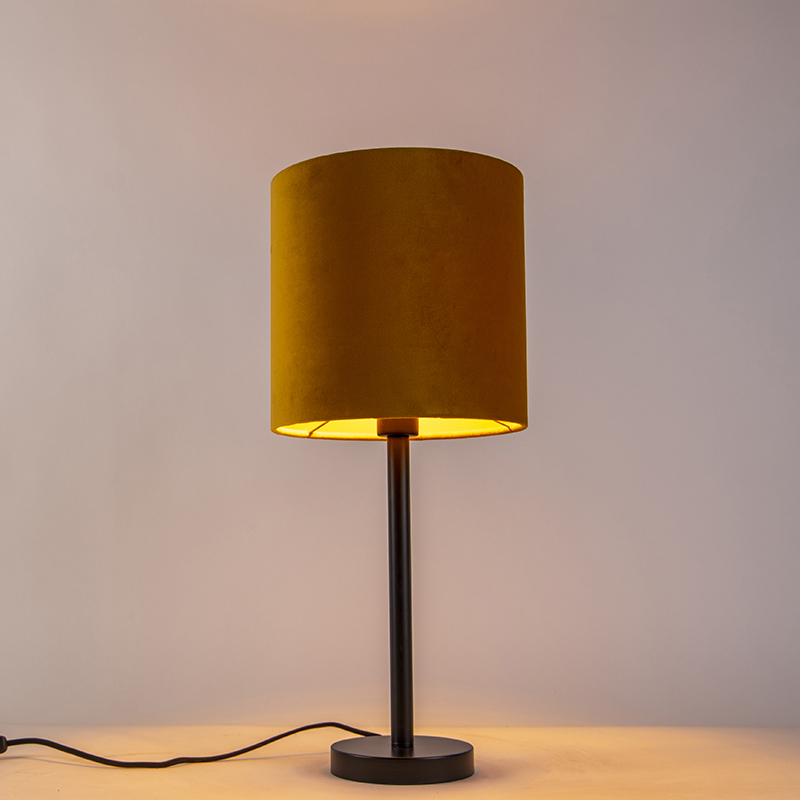 Qazqa Areka Tischlampe – Art Deco, Bronze, Samtroter Schirm, 35 Cm, Dimmbar, E27