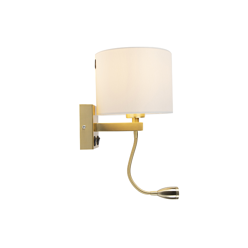 Applique da parete dorata USB con paralume bianco - Brescia Combi