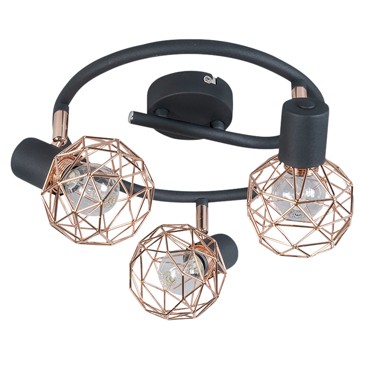Faretto moderno nero con rame 3 luci - Mesh