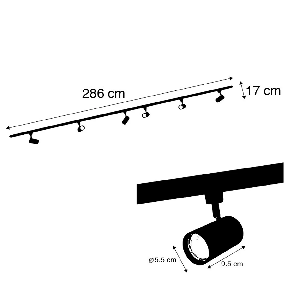 Sistema de iluminación de riel moderno con 6 focos negros monofásico de 286 cm - Iconic Jeana