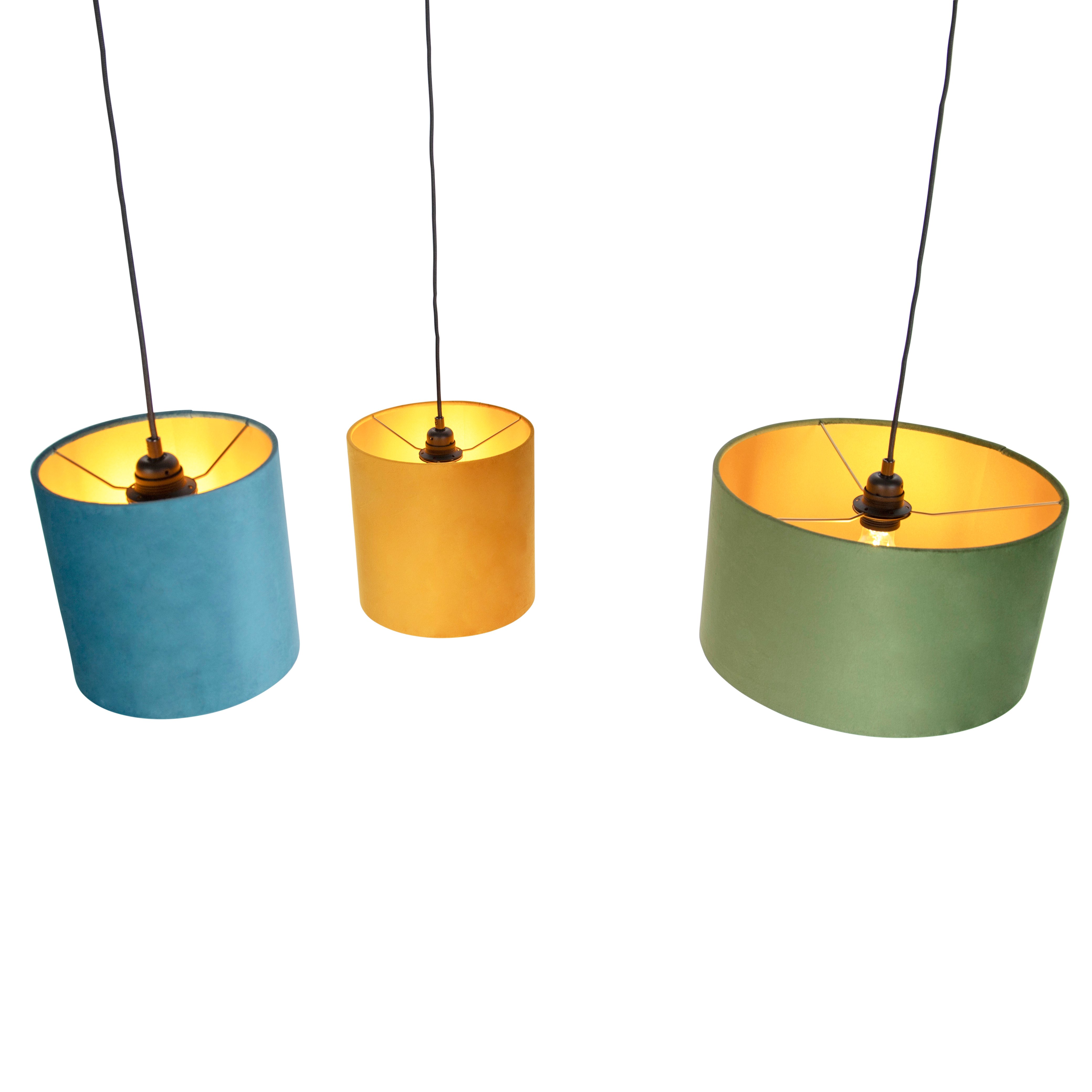 Pendant Light with Velvet Shades Green, Yellow and Blue - Cava