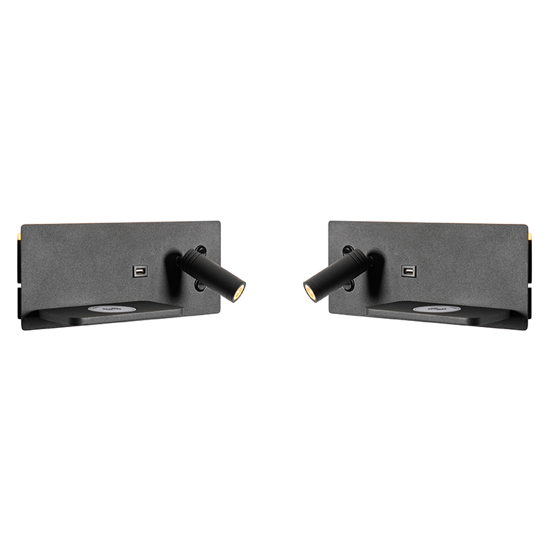 Set di 2 lampade da parete nere con LED, USB e caricabatterie a induzione - Riza