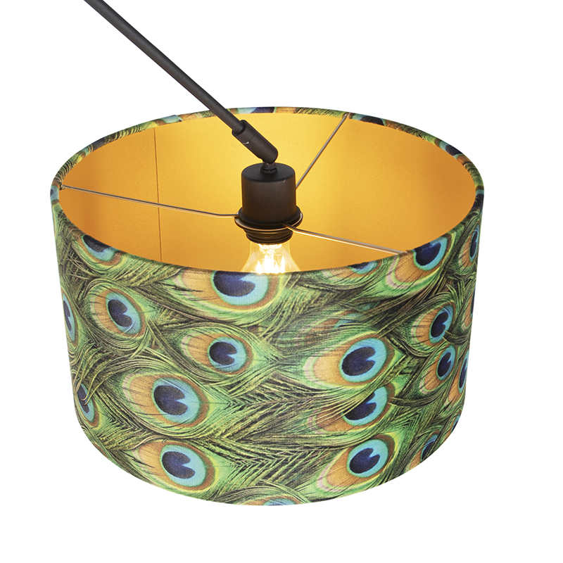 Pendant Light Black with Velvet Peacock Lampshade with Gold 35 cm - Blitz