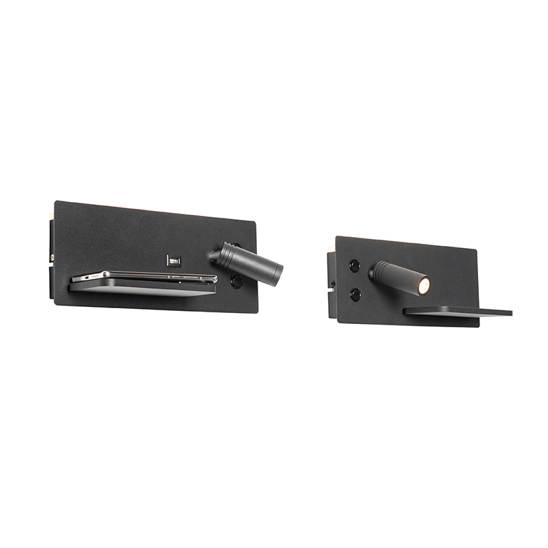 Set di 2 lampade da parete nere con LED, USB e caricabatterie a induzione - Riza