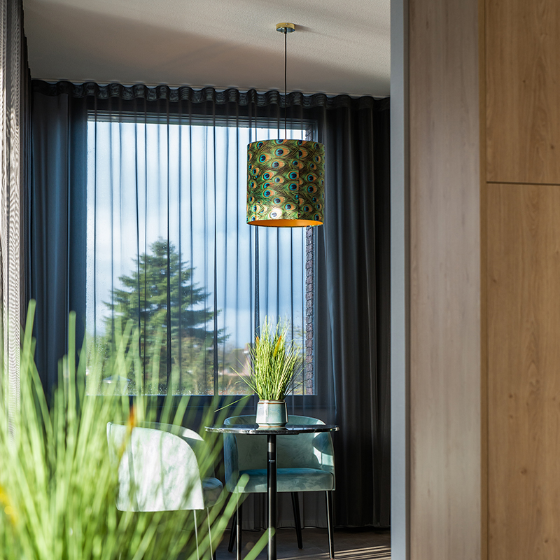 Velvet Lampshade Peacock Design 40/40/40 with Gold Interior