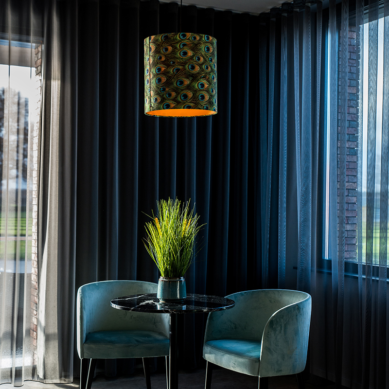 Velvet Lampshade Peacock Design 40/40/40 with Gold Interior