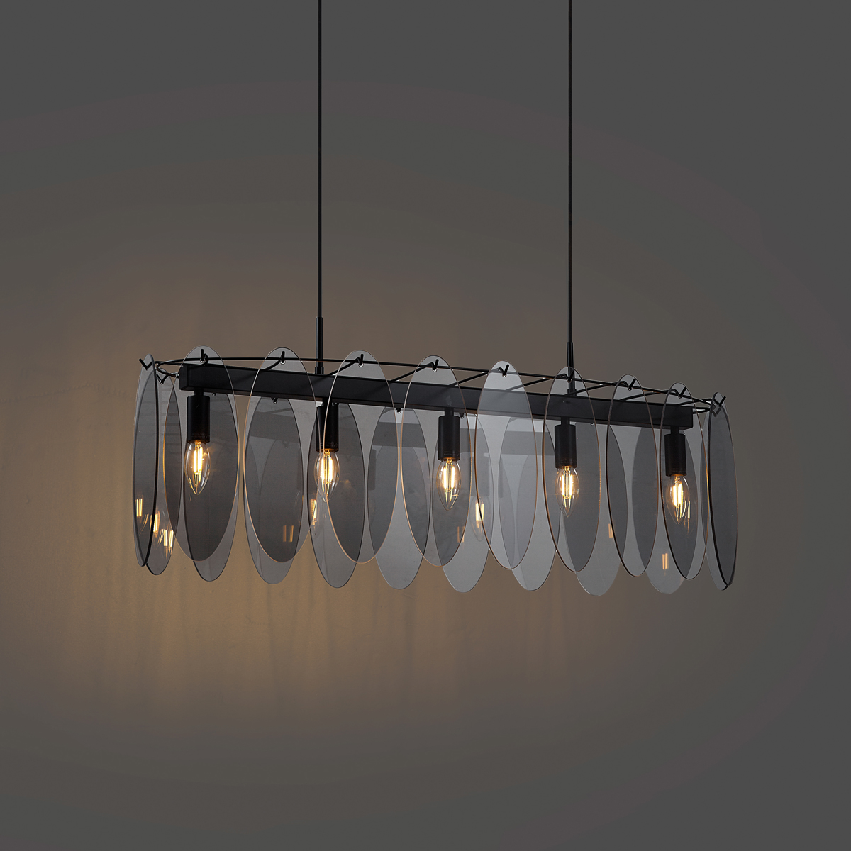 Lámpara colgante de diseño negra con cristal ahumado ovalado de 5 luces - Mochan