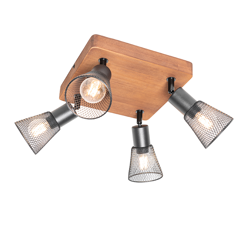 Foco industrial negro con madera 4-luces - Kristina