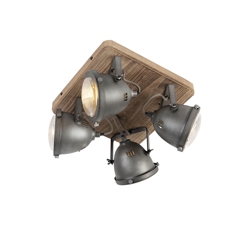 Foco industrial de acero con madera inclinable 4 luces - Emado