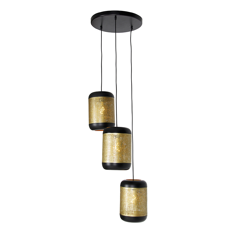 Lámpara colgante vintage negra con latón redonda 3 luces - Kayleigh